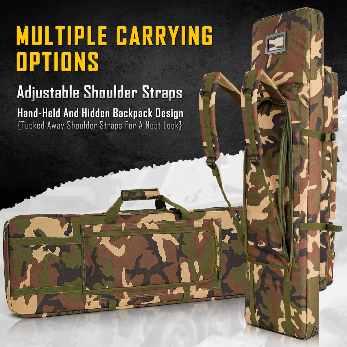 DULCE DOM Double Rifle Case 52'' Soft Gun Bag Tactical Backpack with Movable Divider for Hunting Shooting Range, MOLLE System Multiple Magazine Pouches & Accessory Bags