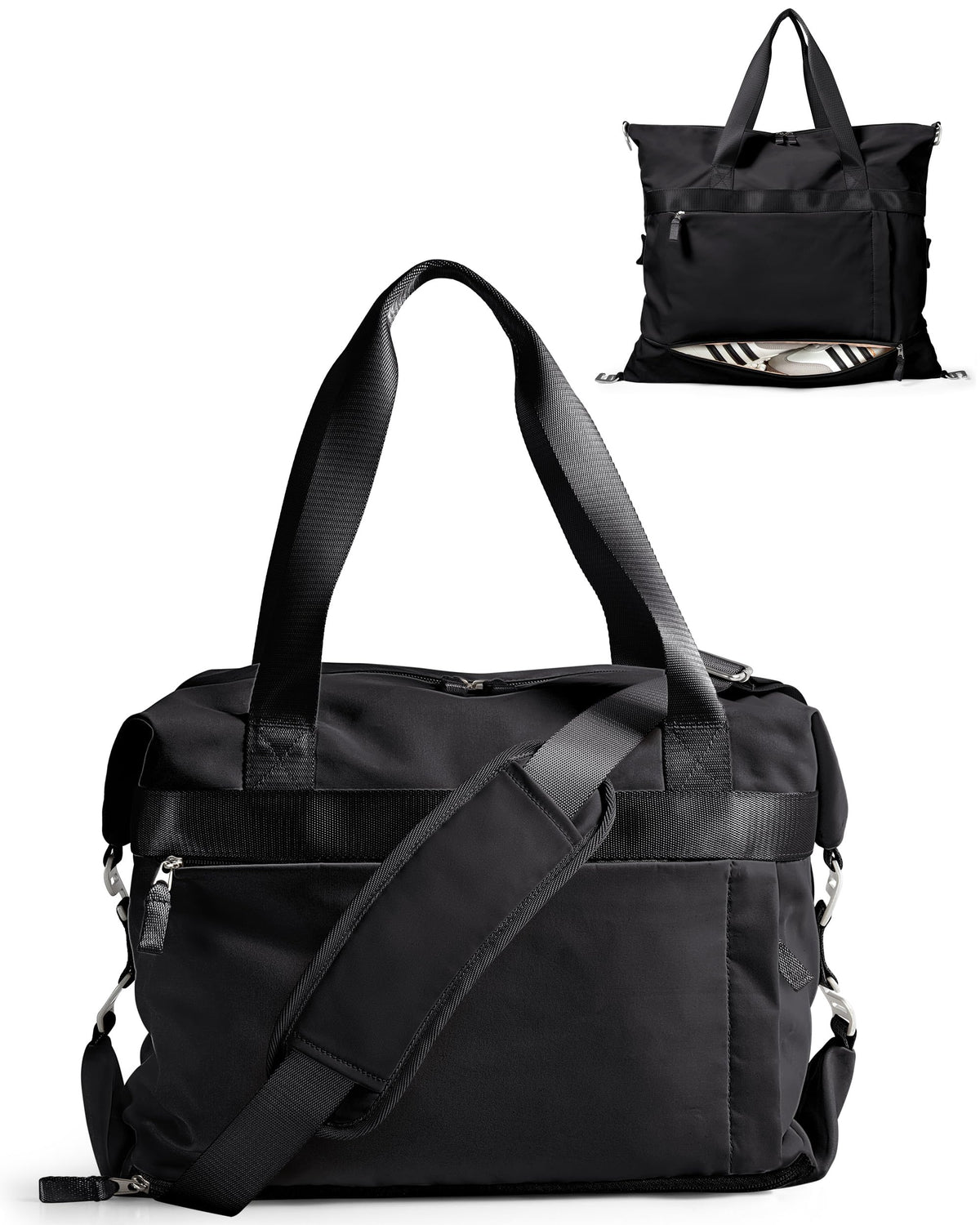 Smasrob Convertible Women Gym Bag with Shoe Compartment and Wet Pocket, Women Duffle Bag with Multiple Pockets and Crossbody Shoulder Strap for Travel and Gym, Black