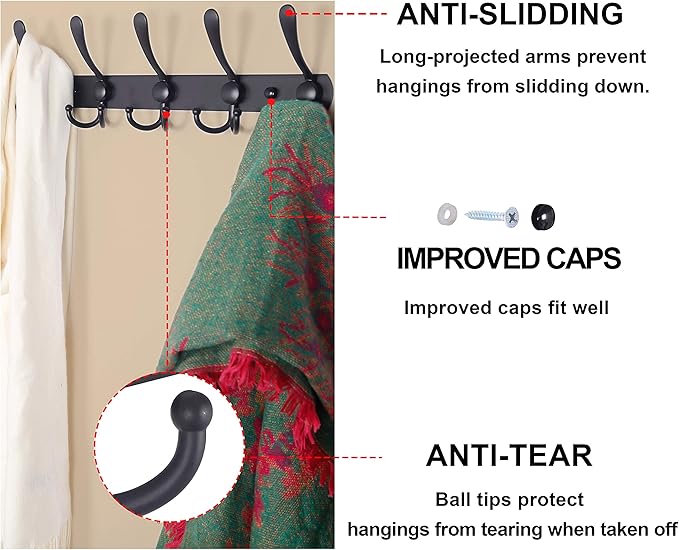 Dseap Coat Rack Wall Mounted - 5 Tri Hooks, Heavy Duty, Stainless Steel, Metal Coat Hook Rail for Coat Hat Towel Purse Robes Mudroom Bathroom Entryway, Silver