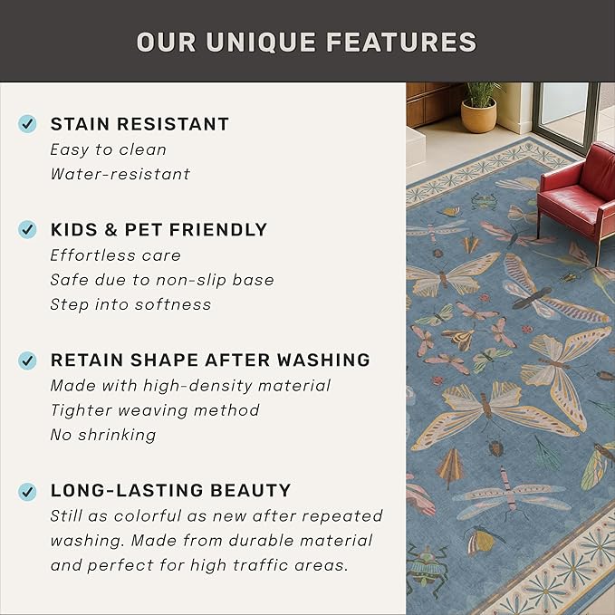 Insect Light Blue Rug for Living Room - 9x12 Cute Rugs for Bedroom, Moth Floral Boho Design, Low Pile Stain Resistant Washable, Perfect for High Traffic Area