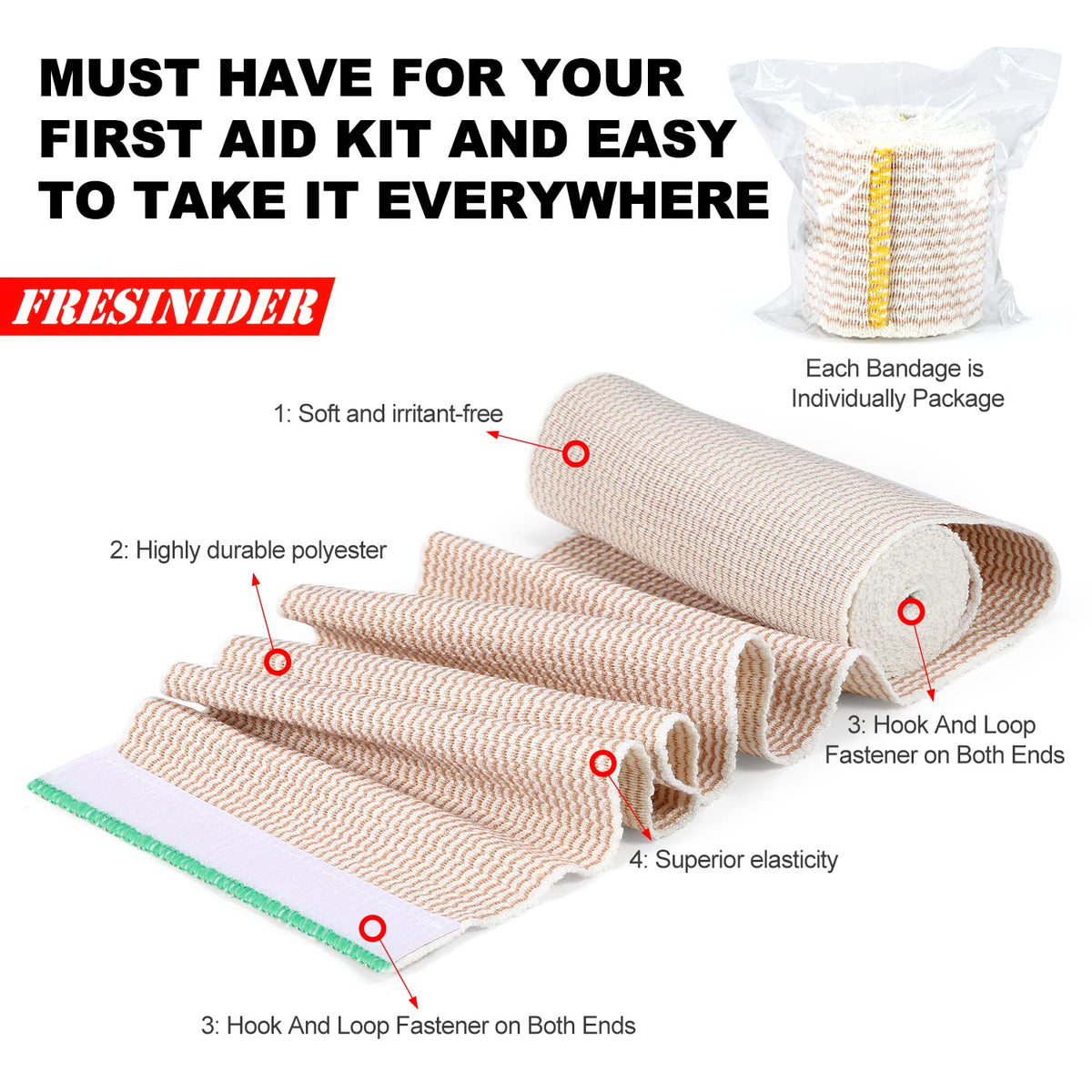 FRESINIDER Premium Elastic Bandage Wrap 2 Inch, 12 Pack, Hook and Loop