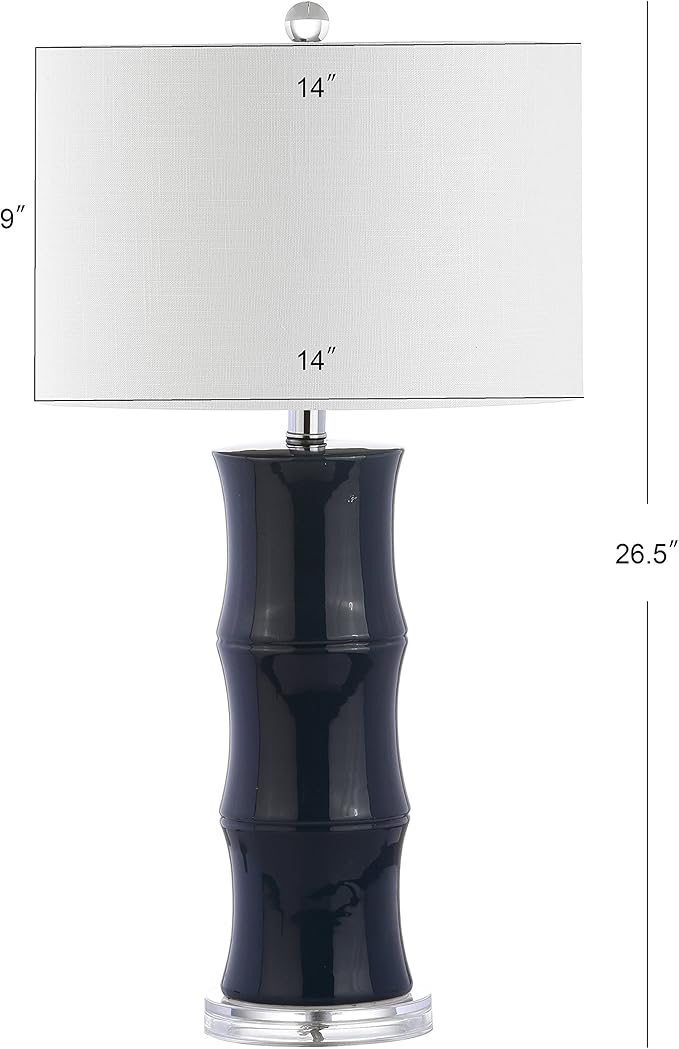 JONATHAN Y 26.5" Navy Blue Ceramic Table Lamp for Living Room, Bedroom Nightstand, White Linen Drum Shade, Bamboo Design Modern Bedside Desk Lamp with LED Bulb Included JYL3015A