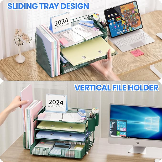 Desk Organizer and Accessories, 4-Tier Desktop File Organizer with Drawer and 2 Pen Holders, Office Desk Accessories for Office Supplies(Dark Green)