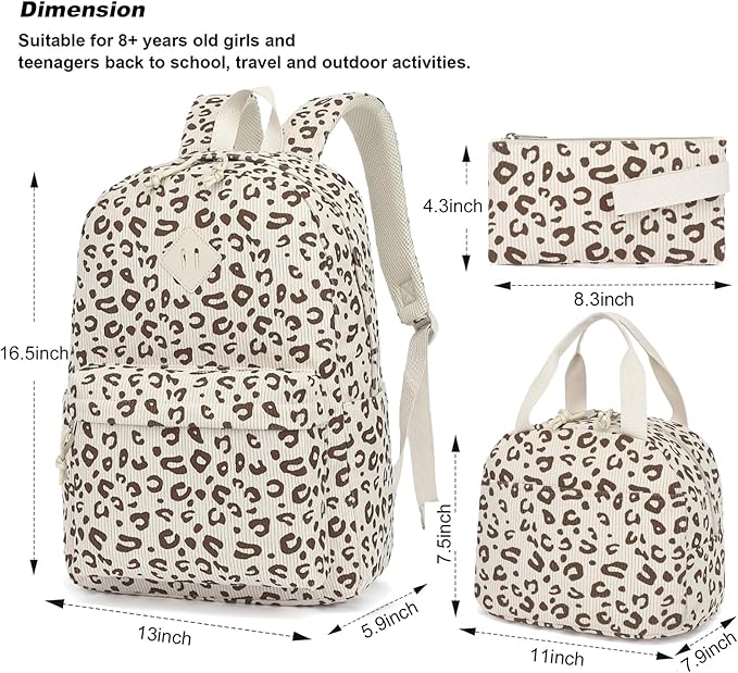 Corduroy Girls Backpack Set, 3PCS School Backpacks for Kids Elementary Middle School Bags with Lunch Box Pencil Case (Beige Corduroy Leopard)