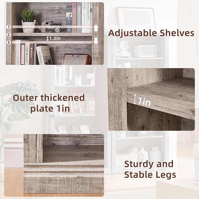 70" Grey Tall Bookshelf Set of 4,5-Tier Thick Wooden Book Shelf with Adjustable Shelves,Free Standing Farmhouse Bookcase with Open Display Storage,Floor Vintage Bookshelves for Living Room