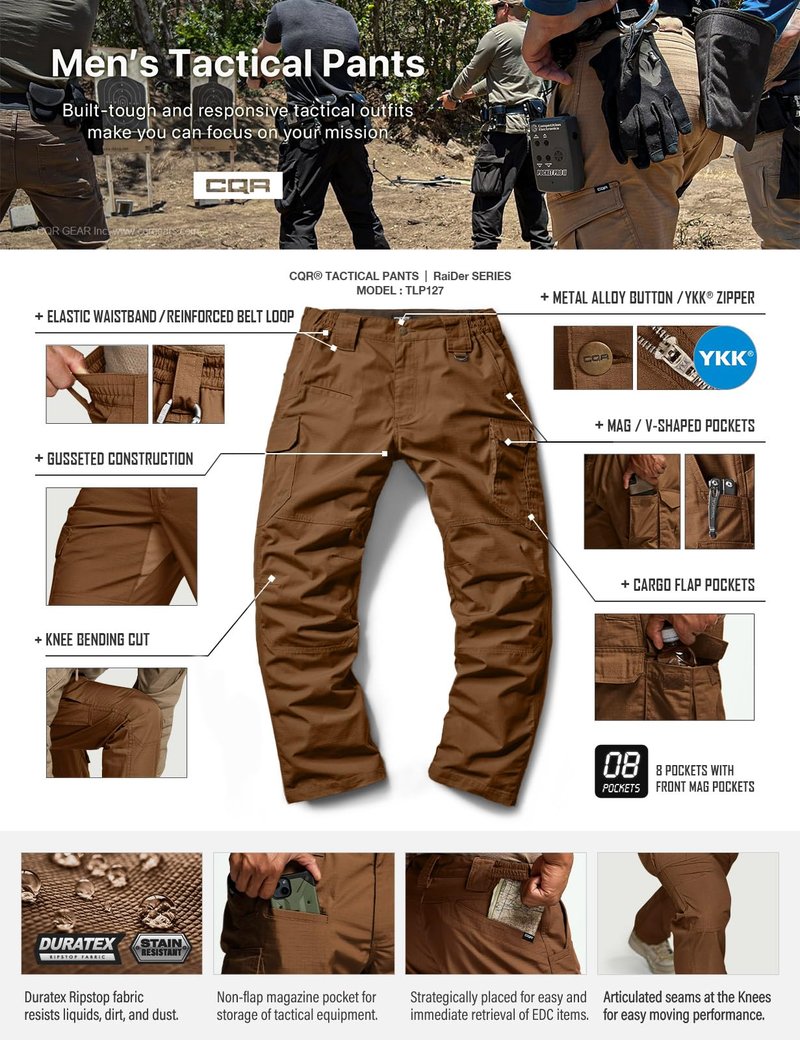 CQR Men's Tactical Pants, Water Resistant Ripstop Cargo Pants, Lightweight EDC Work Hiking Pants, Outdoor Apparel, Raider Mag Pocket Copper Brown, 38W x 32L