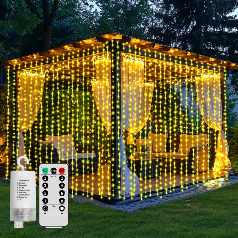 Curtain Lights Battery Operated 10 * 10Ft 300LED Waterfall Light with 8 Modes Remote Dimmable Timer Memory Waterproof Twinkle Fairy String Lights for Indoor Outdoor Backdrop Bedroom Pergola Christmas