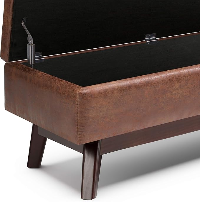 SIMPLIHOME Owen Rectangular Storage Ottoman - 48 inch Wide Upholstered Vegan Leather Lift-Top Ottoman in Distressed Saddle Brown, Mid-Century Modern Ottoman for Living Room with Tufted Detail