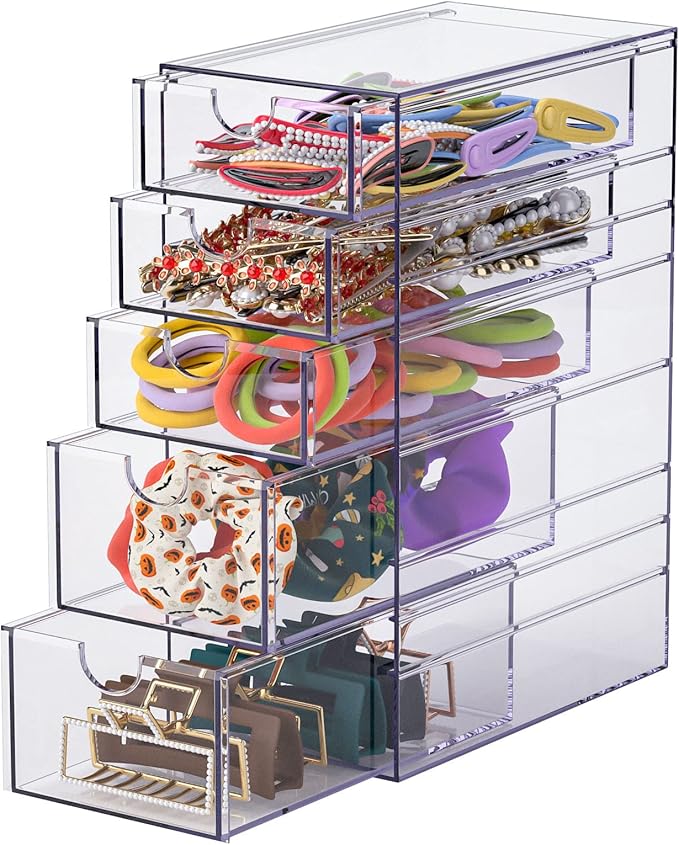 Noverlife Clear Containers for Hair Accessory Organizing, Plastic Hair Accessory Organizer Box with 5 Drawers, Hair Accessory Container, Storage Organization Drawers Set for Hair Ties Accessory