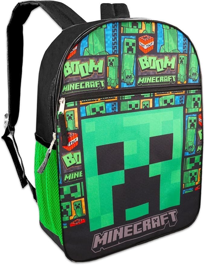 Minecraft Backpack with Lunch Bag Set - Bundle with 16” Backpack, Lunch Box, Water Bottle, Stickers, More | Minecraft School Bag for Boys
