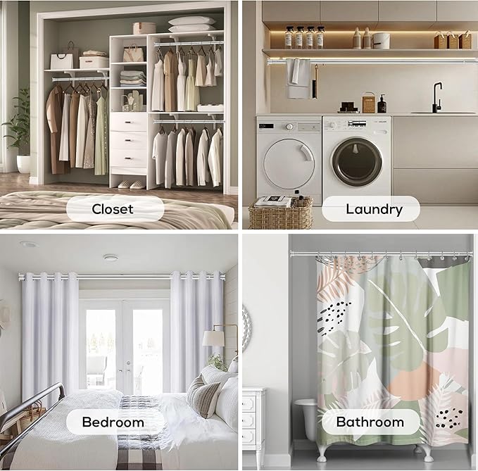 1.3 Inch Diameter Closet Rods for Hanging Clothes 17-100 Inch Adjustable, Metal Heavy Duty Closet Pole, Silver Closet Bar for Hanging Clothes, Suitable for Closet, Wardrobes, Bathroom, Windows