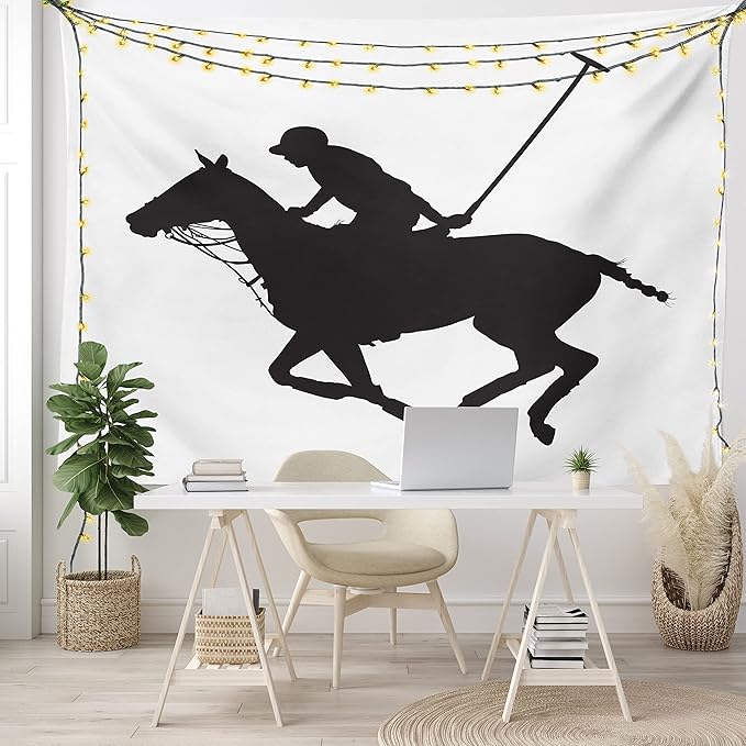 Ambesonne Sports Tapestry, Silhouette Illustration of Polo Player on a Horse Hitting a Ball Print, Fabric Wall Hanging Decor for Bedroom Living Room Dorm, 45" X 30", Charcoal Grey