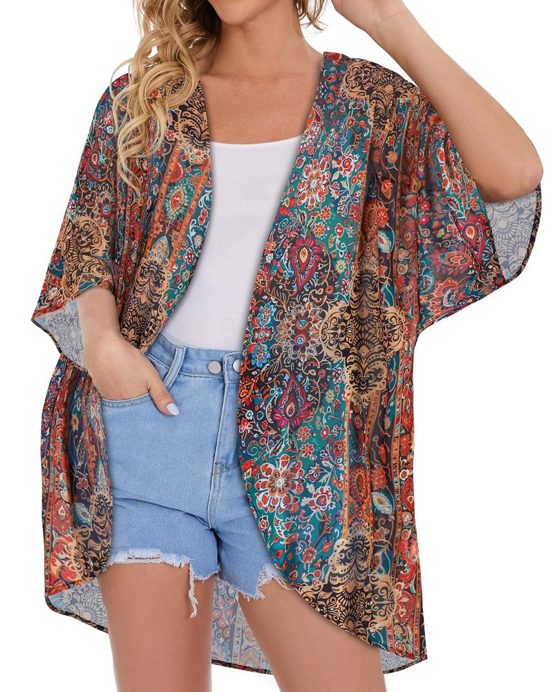 Women's Floral Kimono Print Puff Sleeve Loose Cardigan Cover Up Casual Blouse Tops (Bohemia Print, M)