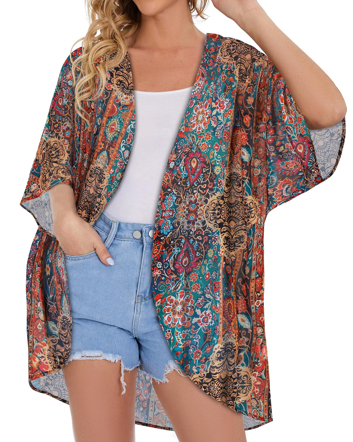 Women's Floral Kimono Print Puff Sleeve Loose Cardigan Cover Up Casual Blouse Tops (Bohemia Print, S)