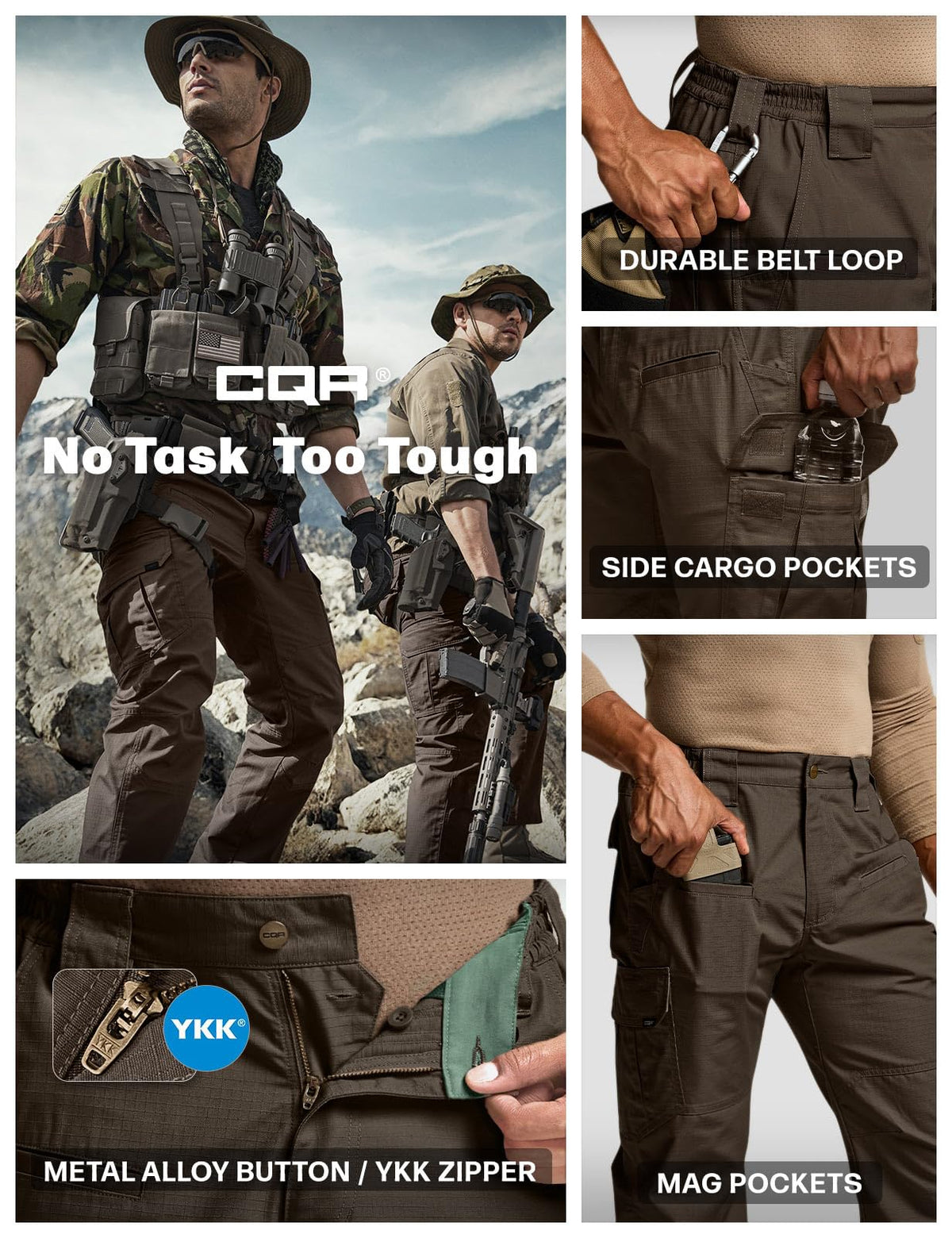 CQR Men's Tactical Pants, Water Resistant Ripstop Cargo Pants, Lightweight EDC Work Hiking Pants, Outdoor Apparel, Raider Dark Brown, 44W x 30L
