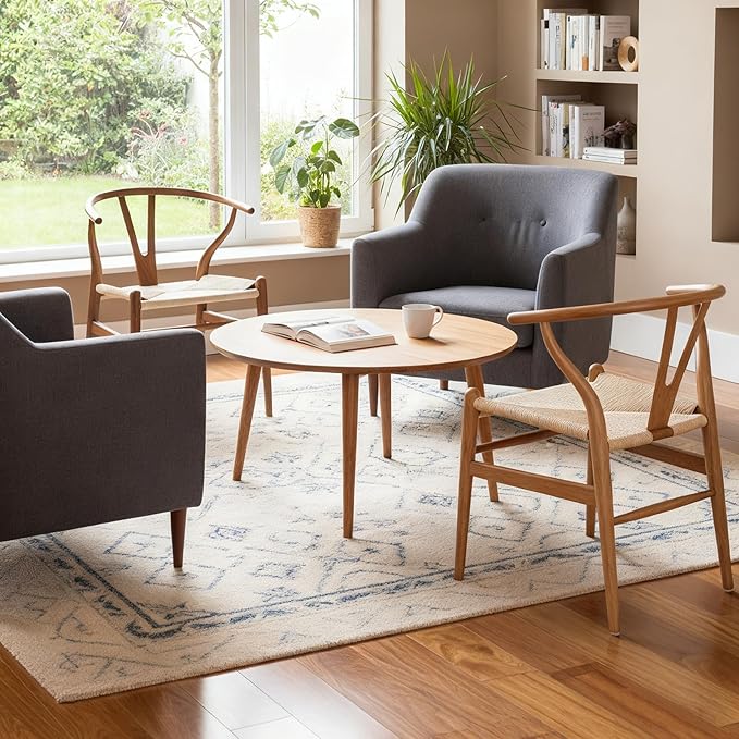 Wishbone Chair Natural Solid Wood Dining Chair/Hans Vegner Y Chair Rattan and Wood Accent Armrest Chairs Set of 4(Ash Wood - Walnut)
