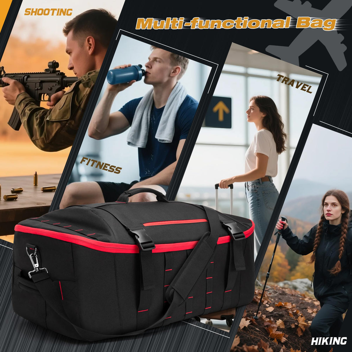 Smasrob 65L Tactical Duffle Bag Gym Bag with Backpack Straps, Wet Pocket and Detachable Dividers, Duffle Backpack for Travel, Sports and Military, Black