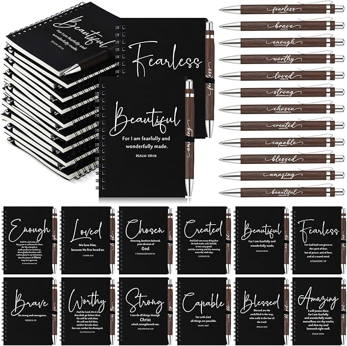 Kosiz 24 Sets Christian Gifts Bulk Inspirational Bible Verse Spiral Notebook and Religious Bamboo Ballpoint Pen Journal with Scripture for Easter Church Member First Communion Teacher Holy Week (Black)