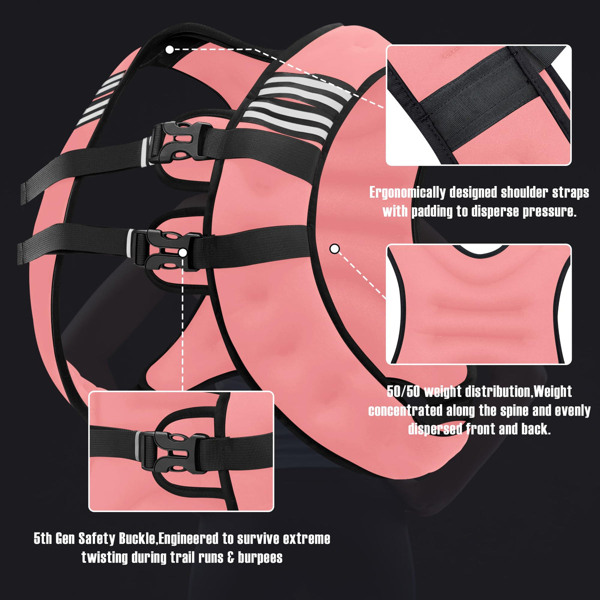 NATURELUX Weighted Vest with Reflective Stripe and Adjustable Buckle Straps, Pastel Pink, 20 lbs