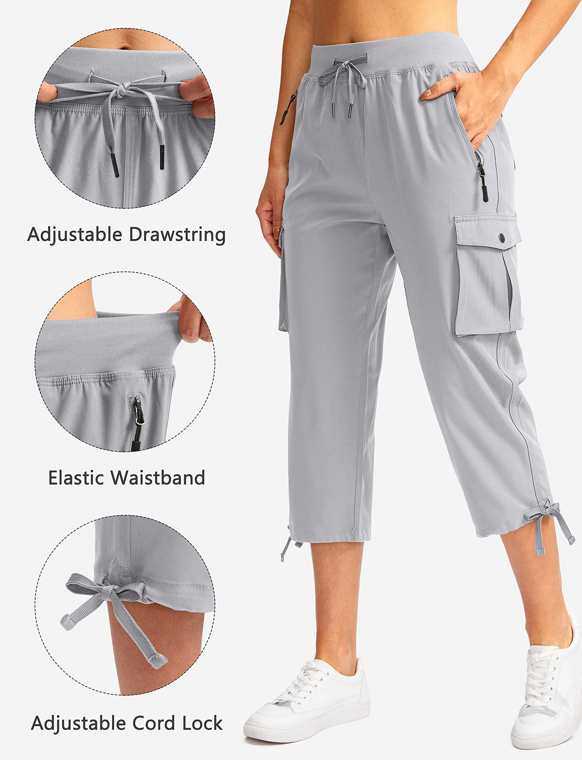 Soothfeel Women's Cargo Capris Pants with 6 Pockets Lightweight Quick Dry Travel Hiking Summer Pants for Women Casual (Bright Grey, 4XL)