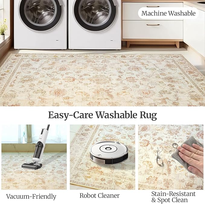 6x9 Soft Washable Area Rugs for Living Room and Bedroom, Non-Slip Stain Resistant Indoor Carpet, Cozy Floor Mat for Dining Room, Office, Under TableStain Resistant Persian Beige Floral