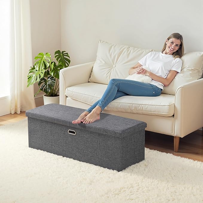 VECELO 43'' Folding Storage Ottoman Bench, End of Bed Linen Fabric Foot Rest Stool with Padded Seat, Large Footstools for Bedroom, Living Room, Load 660 lb, Grey