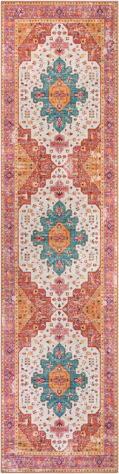 Moynesa Ultra-Thin Washable Rug - 2'6" x 10' Pink Long Hallway Carpet, Vintage Non Skid Non Shedding Low Pile Bedroom Mat for Girl's Room, Bathroom, Kitchen