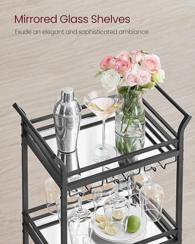 VASAGLE Bar Cart, Home Bar Serving Cart, Small Bar Serving Cart with 3-Tier Shelf, Wine Holders, Glass Holders, Mini Bar Cart for Small Spaces, Kitchen, Dining Room, Living Room, Ink Black