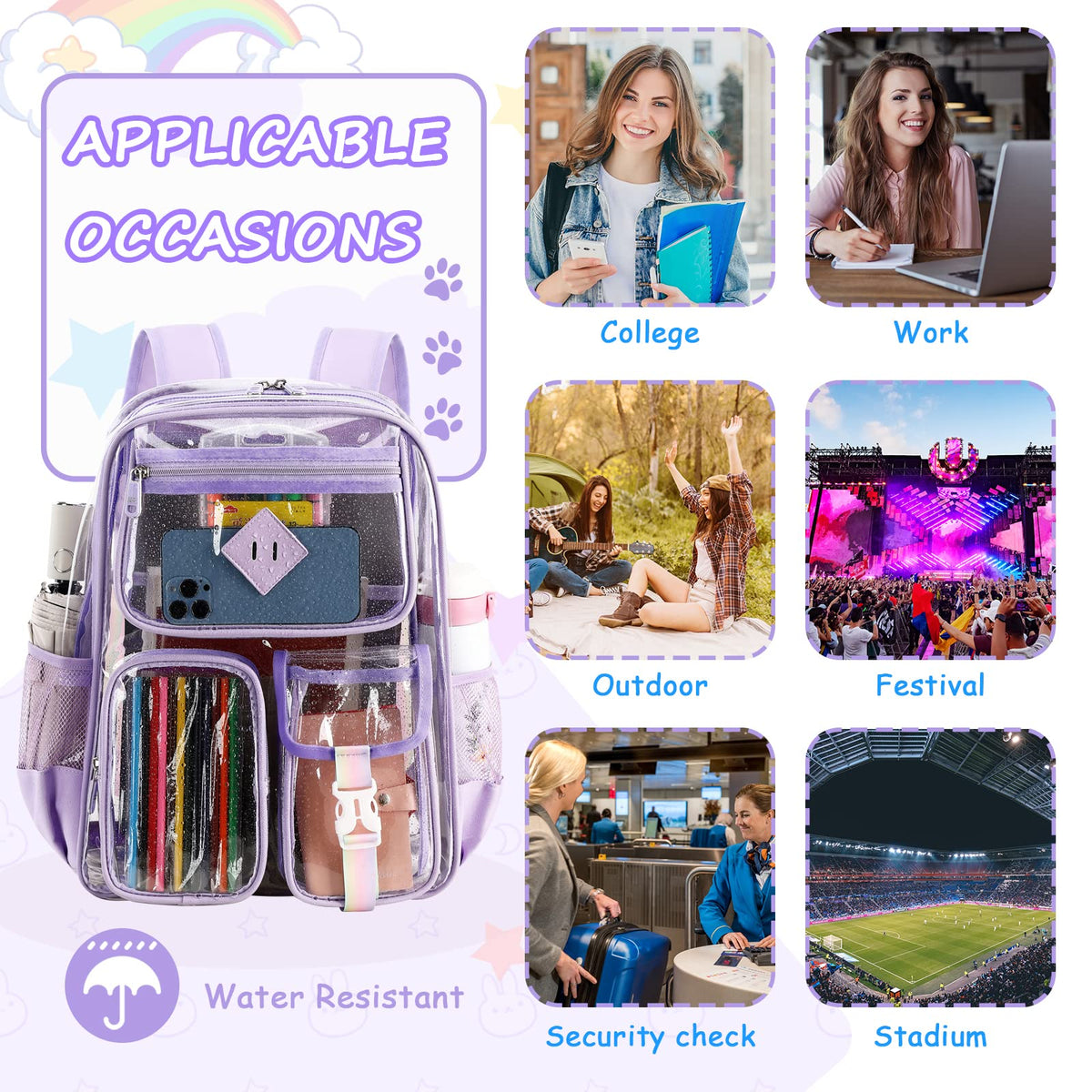 PIG PIG GIRL Clear Backpack for School,Heavy Duty PVC Transparent Bookbag for Girls Stadium Approved See Through Backpack