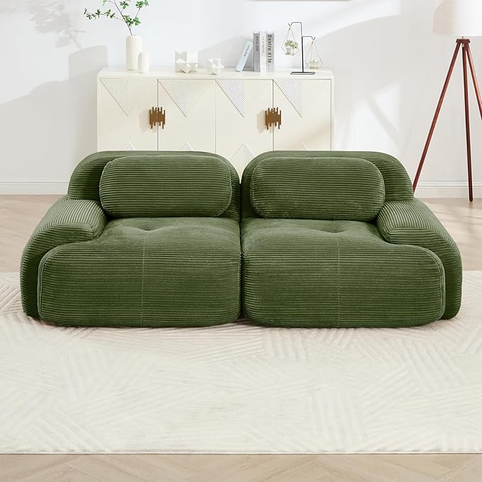 80" Modern Compressed Boneless Love Seat Couches, 2 Seater Large Sectional Couches for Living Room, Green Corduroy Cloud Modular Sectional Sofa, Memory Foam, Extra Deep Loveseat, No Assembly