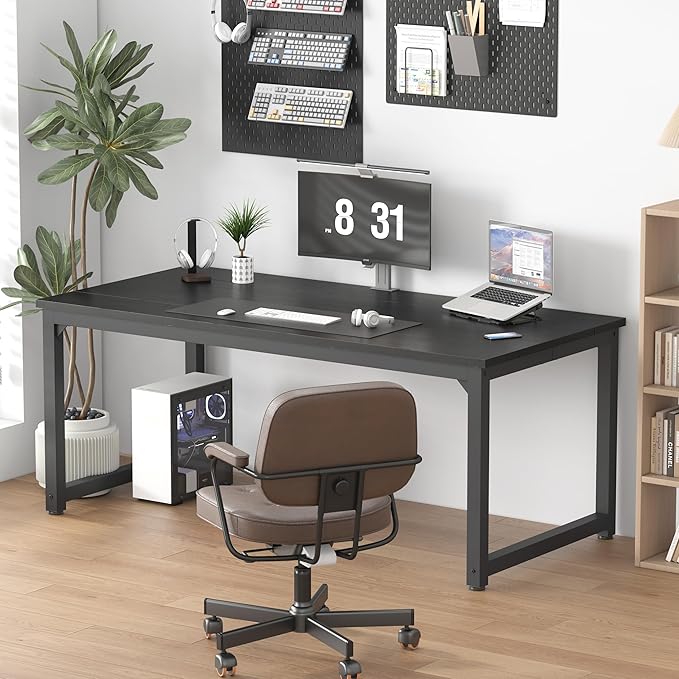 NSdirect 70" Computer Desk,Large Home Office Desk Wide Workstation 1 inch Thicker Tabletop for Writing,Games and Home Work PC Desk Modern Finish Wood Board and Sturdy Steel Legs, Black