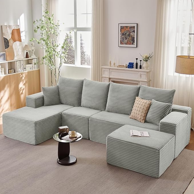 135" L-Shape Sofa with Ottoman, Modern Modular Sectional Comfy U-Shape Cloud Couch, Deep Seat, Upholstered Corduroy Sleeper Chaise Longue for Living Room Bedroom, No Assembly Required, Grey