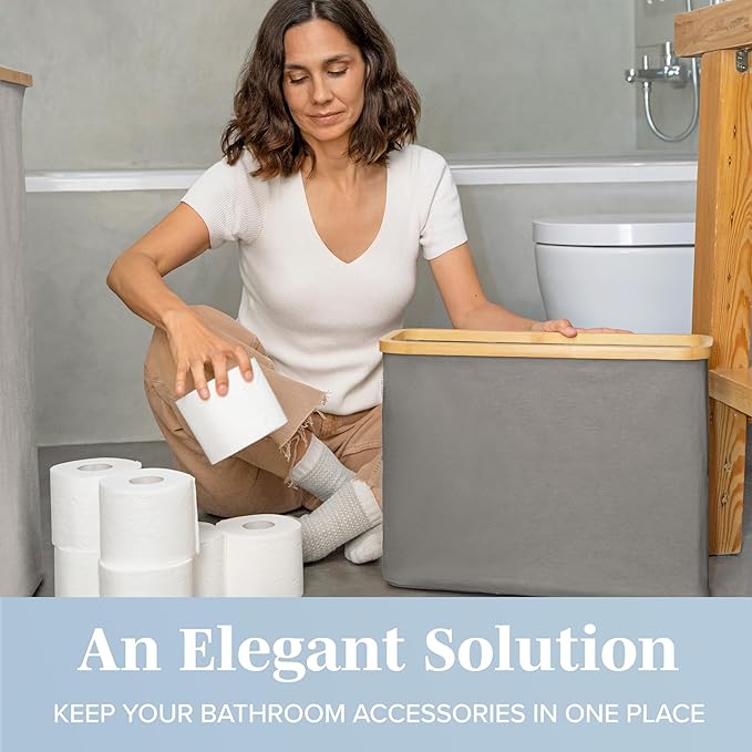 LONBET Toilet Paper Storage for 12 Rolls, Stackable & Foldable - The Ultimate Bathroom Organizer - Waterproof Basket with Bamboo Lid - Elegant Toilet Paper Storage Holder, Gray