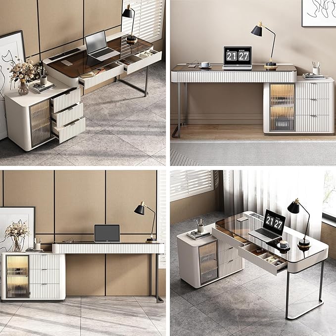 Lartis Office Desk, Very Easy to Assemble, Computer Desk, Home Telescopic Writing Desk, Modern Computer Desk with Retractable Cabinet Built-in LED Lights (Ivory, 47 in)