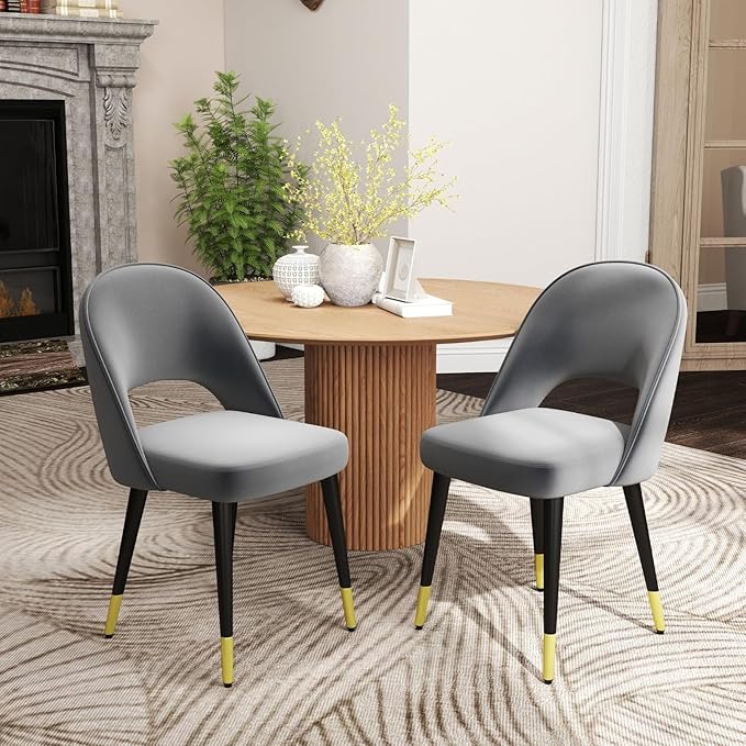 DUOMAY Modern Dining Chair Set of 2 with Open Back, Velvet Upholstered Armless Chair with Metal Frame Side Chair for Kitchen Dining Room Living Room, Grey