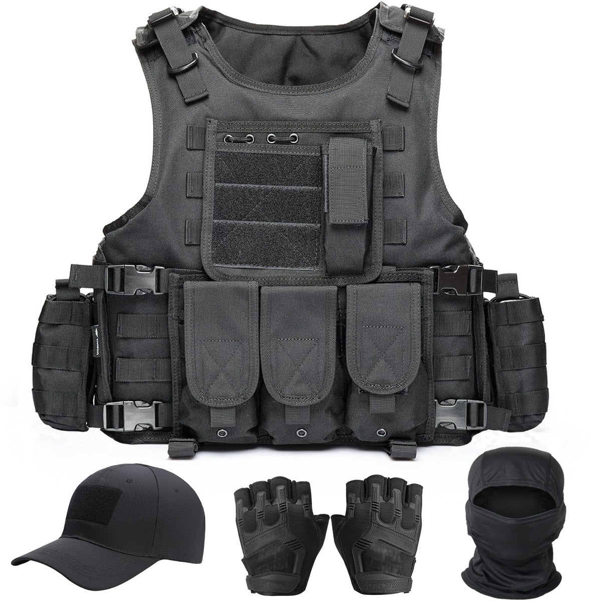 VPZenar Tactical Airsoft Vest, Black Lightweight Sports Training Plate Vest with Detachable Pouches and Cap,Gloves,Balaclava for Men, Tactical Airsoft Gear