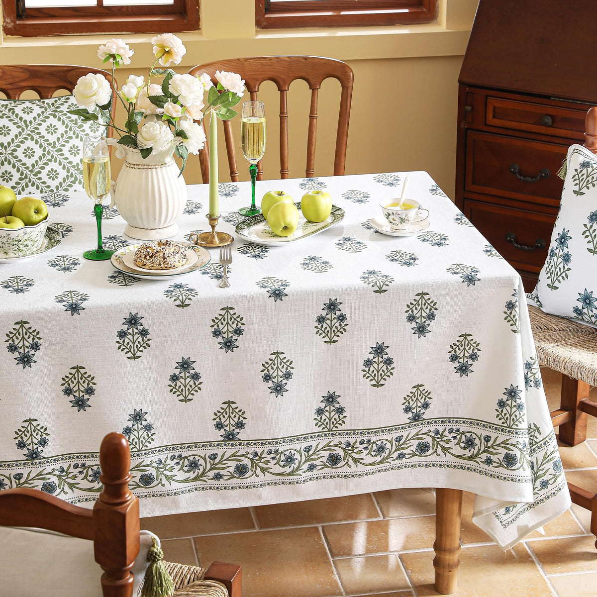 ISAENNE Designer Vintage Linen Rectangular Tablecloth,118"x67"-Chauffrey D