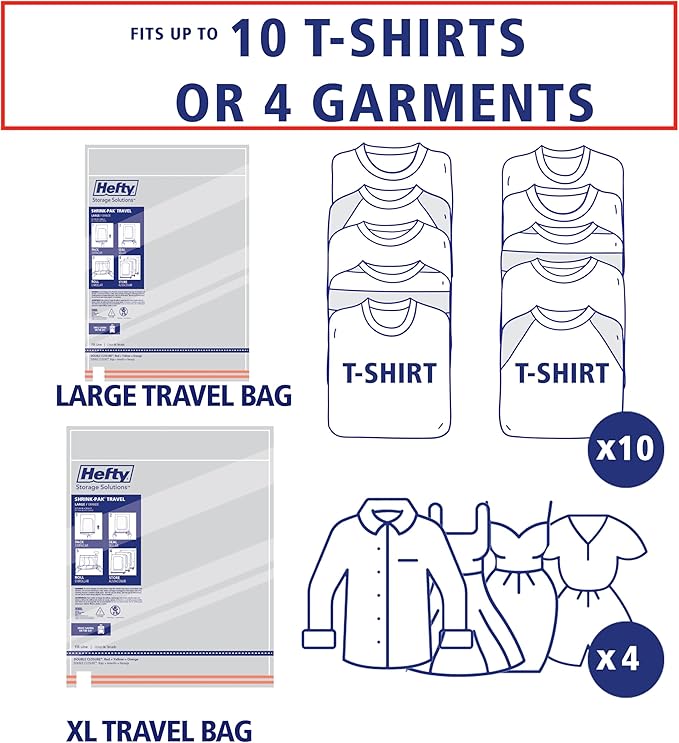Hefty Shrink-Pak Travel Storage Bags – For Clothes, Pillows, Towels, Blankets & More – Space Saver Suction Sealer Bags for Luggage or Moving – 4 Large, 22.5x18 Inches, 4 XL, 27.5x 19.5 Inches