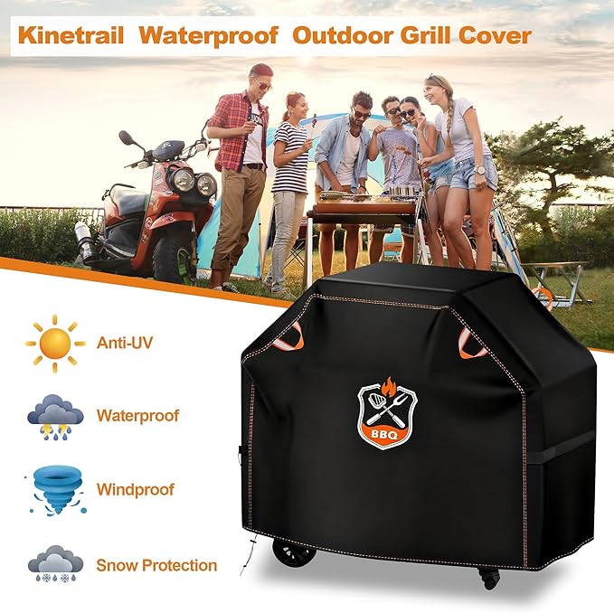 Kinetrail Grill Cover, Universal 65" BBQ Grill Cover for Outdoor Grill, Waterproof, Weather Resistant, Fade Resistant Gas Grill Cover with Adjustable Double Straps for Weber, Char-broil, Nexgrill, etc