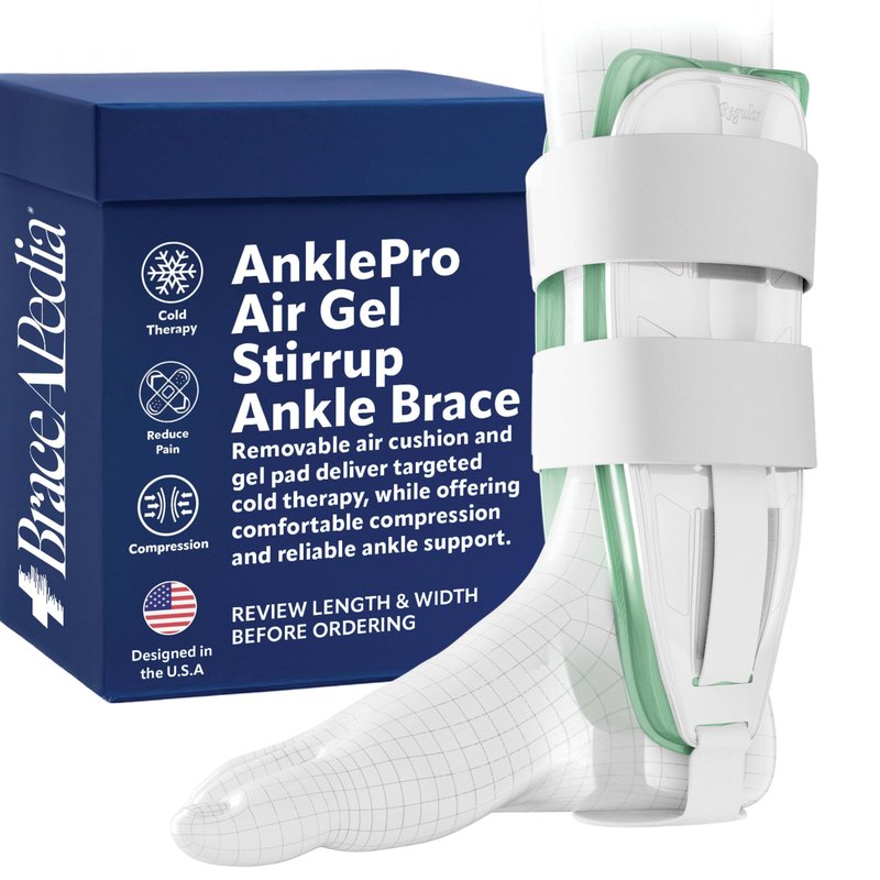 Braceapedia AnklePro Air Cushion Stirrup Ankle Stabilizer Brace - Removable Cold Therapy 3-Strap Rigid Stirrup Ankle Splint w/Gel Pad for Women & Men - Lateral Support for Stability, White, Regular