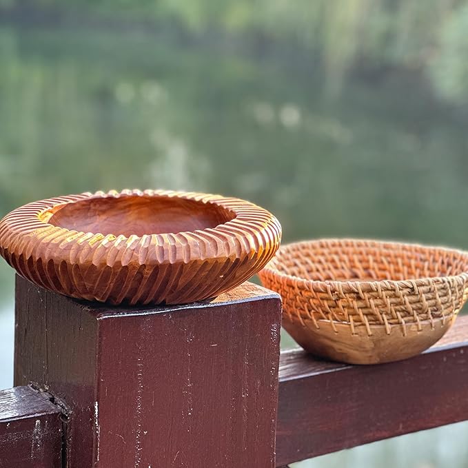 Teak Handcrafted Wooden Bowls Natural Wood Round Utility Bowl 15.7" W Handmade Rustic Serving Platter Fruit Snack Holder for Entry Table Vintage Artworks Dining Room Home Décor