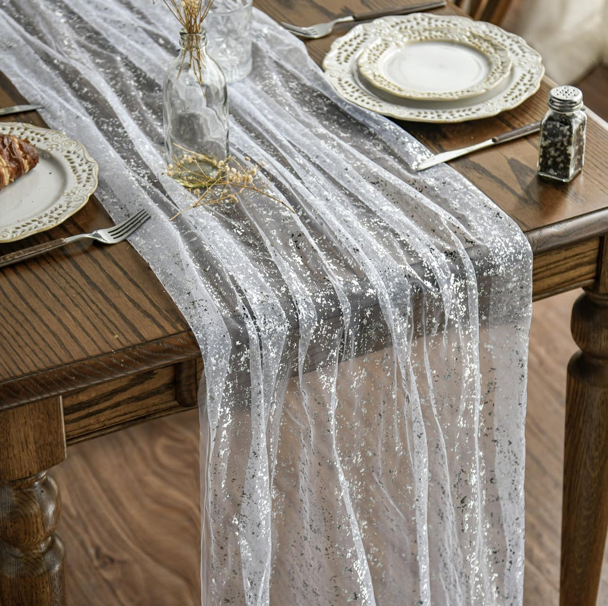 Artoid Mode 3Pcs Beige Gold Gauze Table Runner 120 Inch 10FT, Glitter Metallic Foil Sheer Dining Wedding Anniversary Holiday Birthday Table Decor for Home Party