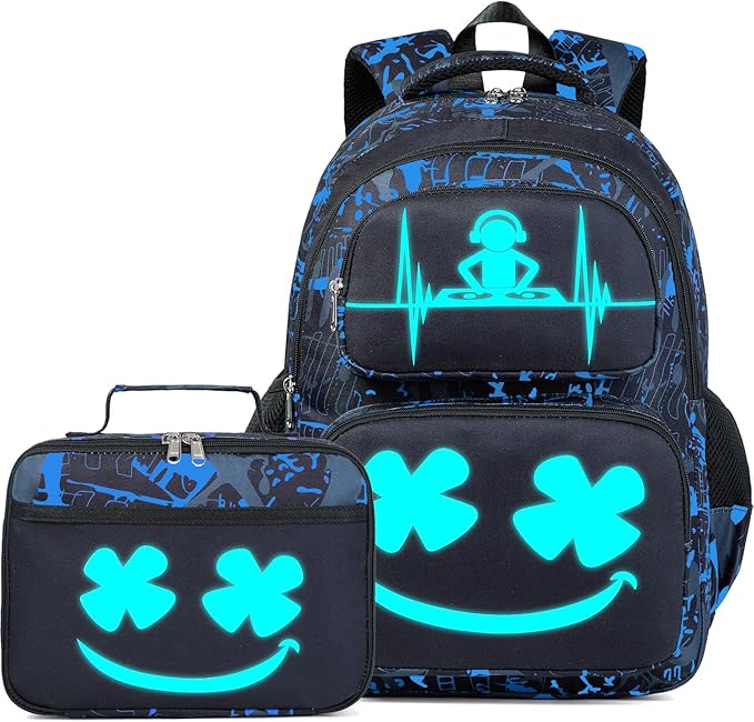 Boys Backpack with Lunch Box Glow in Dark Bookbag Kids Ages 4-12 Kindergarten Elementary School Spider Backpack, Luminous Face Blue