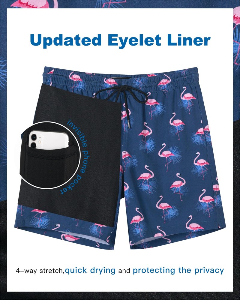 SURF CUZ Mens Swim Trunks with Compression Liner Quick Dry Swim Shorts 7" Swimming Trunks Stretch Zipper Pockets,Sunny Flamingos,S