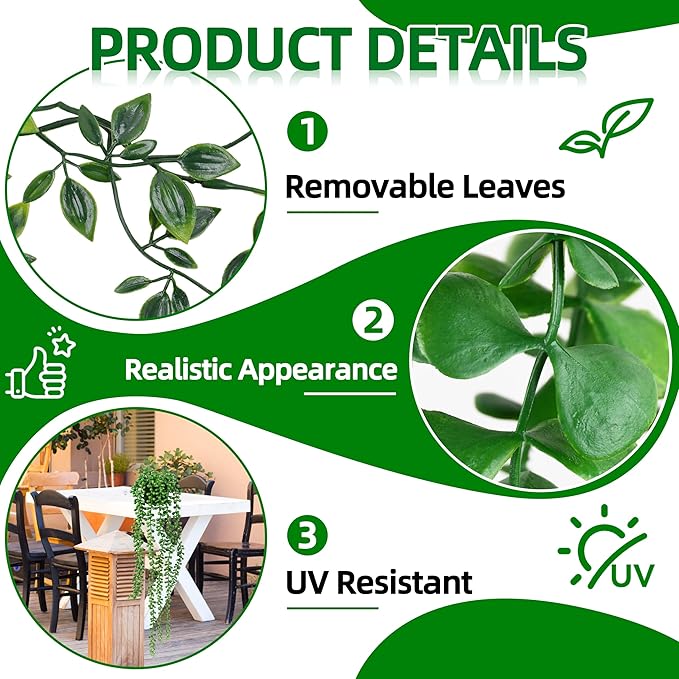 Palonu Artificial Hanging Plants for Shelf, 4 Pack Fake Potted Greenery Faux Eucalyptus Vine, Mandala Vine, String of Pearls,Pea pod Leaves in Pot for Office Living Room Bathroom Indoor Outdoor Décor