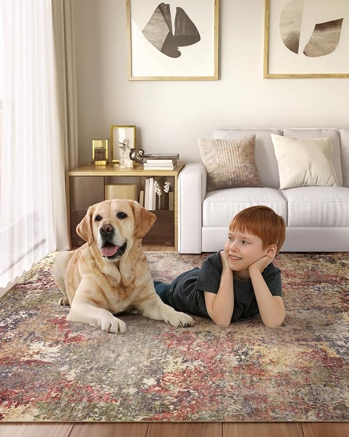 Washable Area Rug for Living Room: 9x12 Modern Abstract Neutral Soft Rug for Bedroom Dining Room No Slip Low Pile Carpet for Nursery Home Office - Red/Ivory