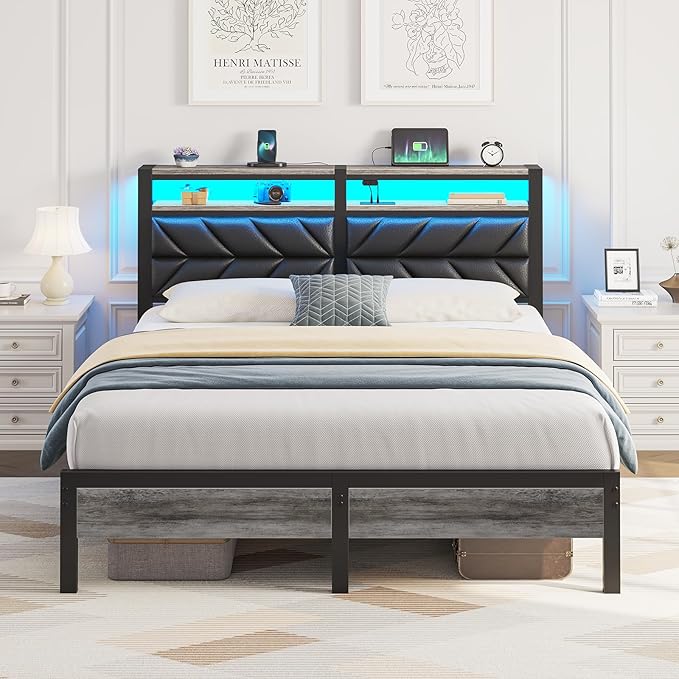 Seventable Bed Frame Queen Size with Charging Station, LED Bed with Upholstered Storage Headboard, Metal Platform Bed with Under Bed Storage, No Box Spring Needed, Noise Free, Easy Assembly, Black