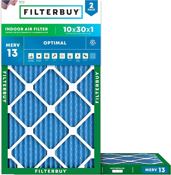 Filterbuy 10x30x1 Air Filter MERV 13 Optimal Smoke & Allergy Defense,