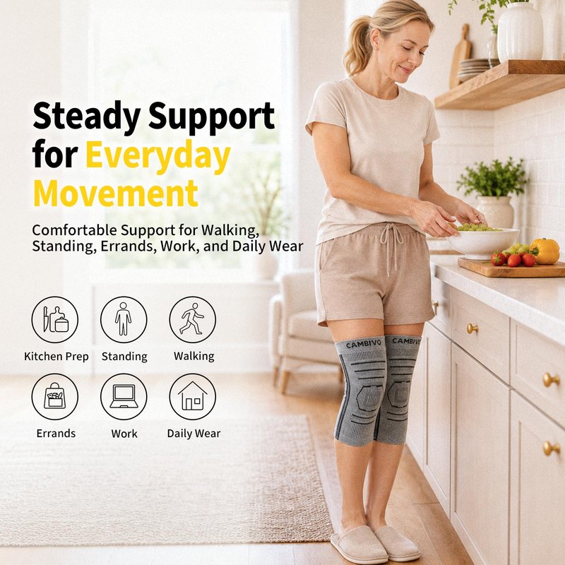 CAMBIVO 2 Pack Knee Brace for Women & Men, Latex Free & Silicone Free Compression Knee Sleeves with Side Stabilizers, Lightweight Knee Support for Arthritis, Meniscus, Walking, Running (Gray, Large)