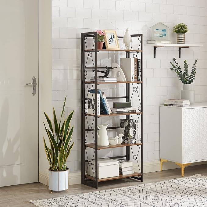 VECELO Folding Bookshelf, 5-Tier Bookcase Easy Assembly, Industrial Tall Book Shelf Storage Organizer for Living Room/Home Office,Antique Brown,1 Set